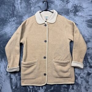 LL Bean Fleece Barn Coat Women M Tan Sherpa Trim Button Front Made in USA 0HH91